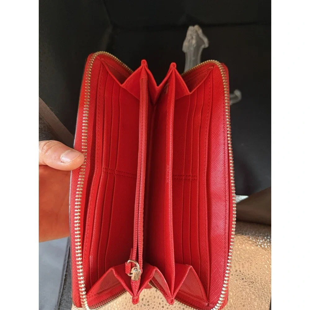 Coach Red Crimson Patent Leather Studded Zip-Around Wallet Glossy Silver